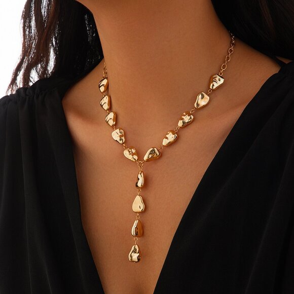 Contemporary Gold Tone Nugget Drop Necklace - Picture 4 of 12